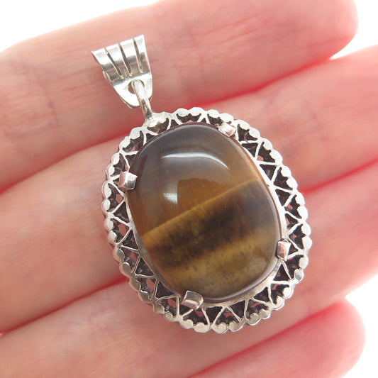 925 Sterling Silver Vintage Real Tiger Eye Gemstone Hearts Eternity Pendant