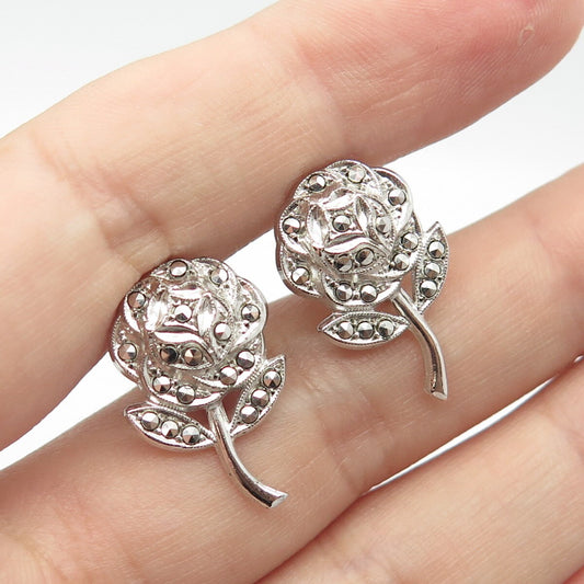 925 Sterling Silver Vintage Real Marcasite Gem Rose Floral Screw Back Earrings