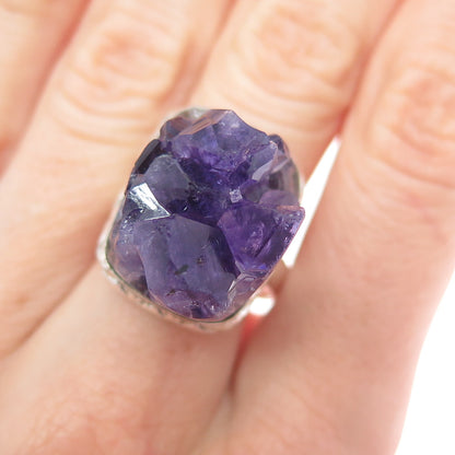 925 Sterling Silver Vintage ASC Real Amethyst Modernist Statement Ring Size 8.25