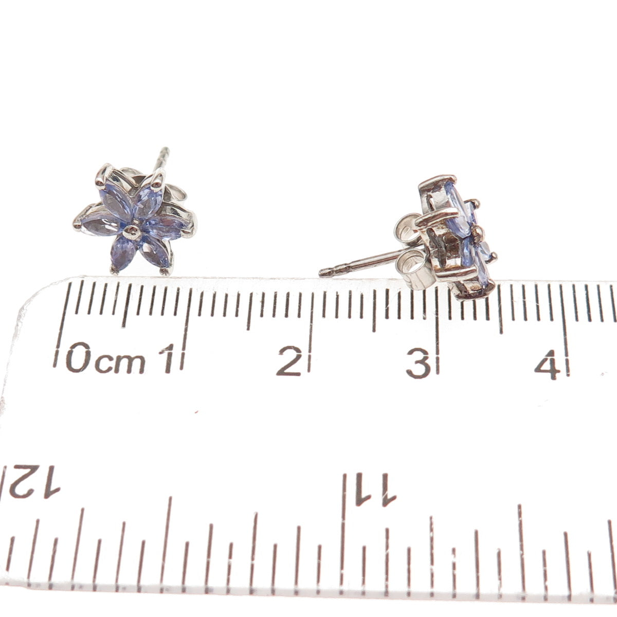 Chuck Clemency Sterling Silver Real Marquise-Cut Tanzanite Floral Stud Earrings