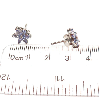 Chuck Clemency Sterling Silver Real Marquise-Cut Tanzanite Floral Stud Earrings