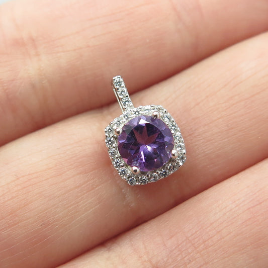 HAN 925 Sterling Silver Real Round-Cut Amethyst & C Z Pendant