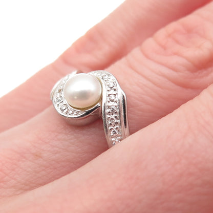 925 Sterling Silver Vintage Real Pearl & C Z Bypass Ring Size 5