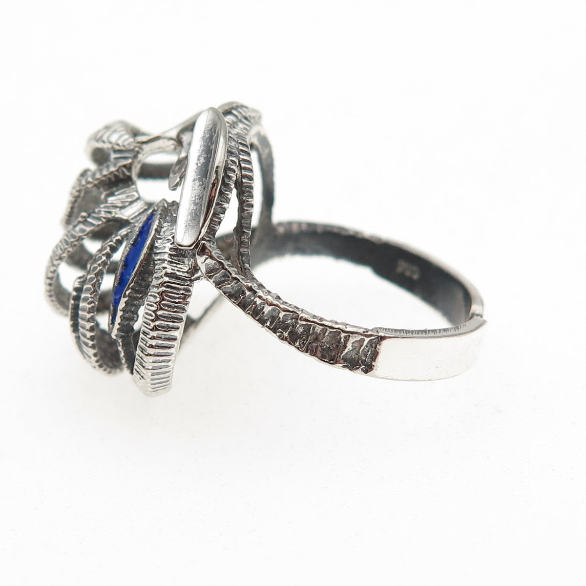 925 Sterling Silver Vintage Enamel Modernist Oxidized Adjustable Ring Size 5.75