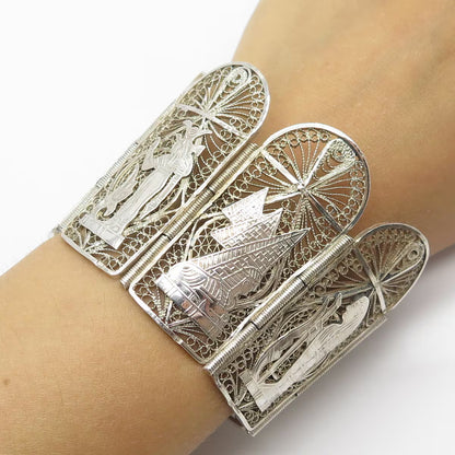 925 Sterling Silver Vintage Egyptian Storyteller Heavy Panel Link Bracelet 6.75"