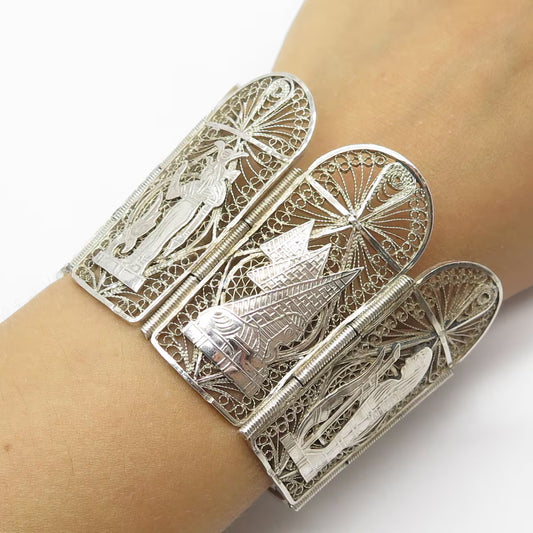 925 Sterling Silver Vintage Egyptian Storyteller Heavy Panel Link Bracelet 6.75"