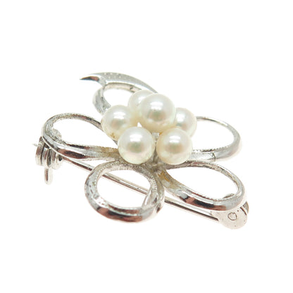 925 Sterling Silver Antique Art Deco Real Pearl Floral Pin Brooch / Pendant