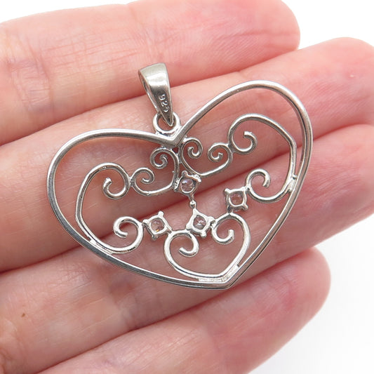925 Sterling Silver Vintage Round-Cut C Z Ornate Heart Charm Pendant