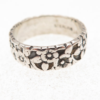925 Sterling Silver Antique Art Deco Forget Me Not Floral Oxidized Ring Size 7