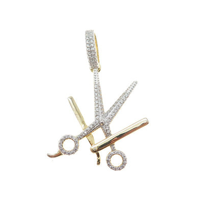 925 Sterling Silver Gold Plated Round-Cut C Z Scissors & Razor Barber Pendant