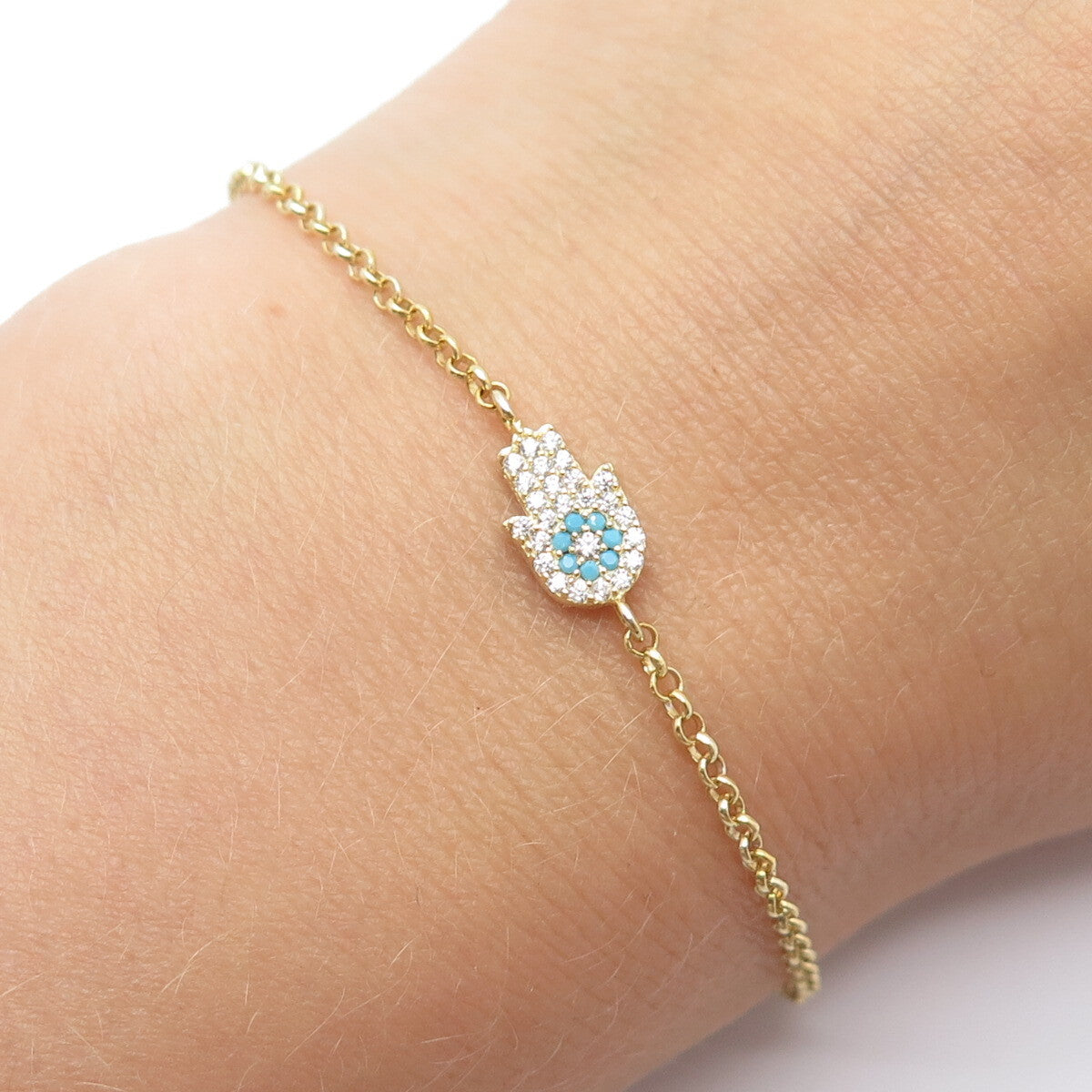 925 Sterling Silver Gold Plated C Z Hamsa Rolo Link Bracelet 6.25"