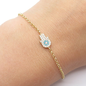 925 Sterling Silver Gold Plated C Z Hamsa Rolo Link Bracelet 6.25"