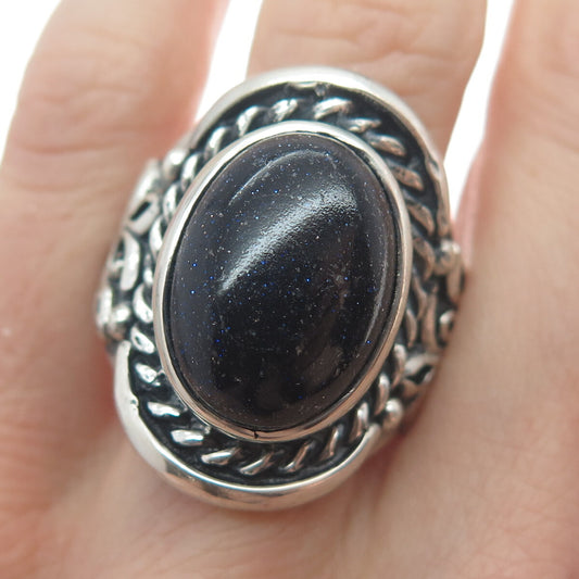 925 Sterling Silver Vintage Real Blue Sunstone Floral Oxidized Ring Size 11
