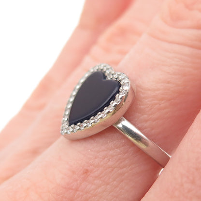 925 Sterling Silver Vintage Real Black Onyx & C Z Heart Ring Size 7