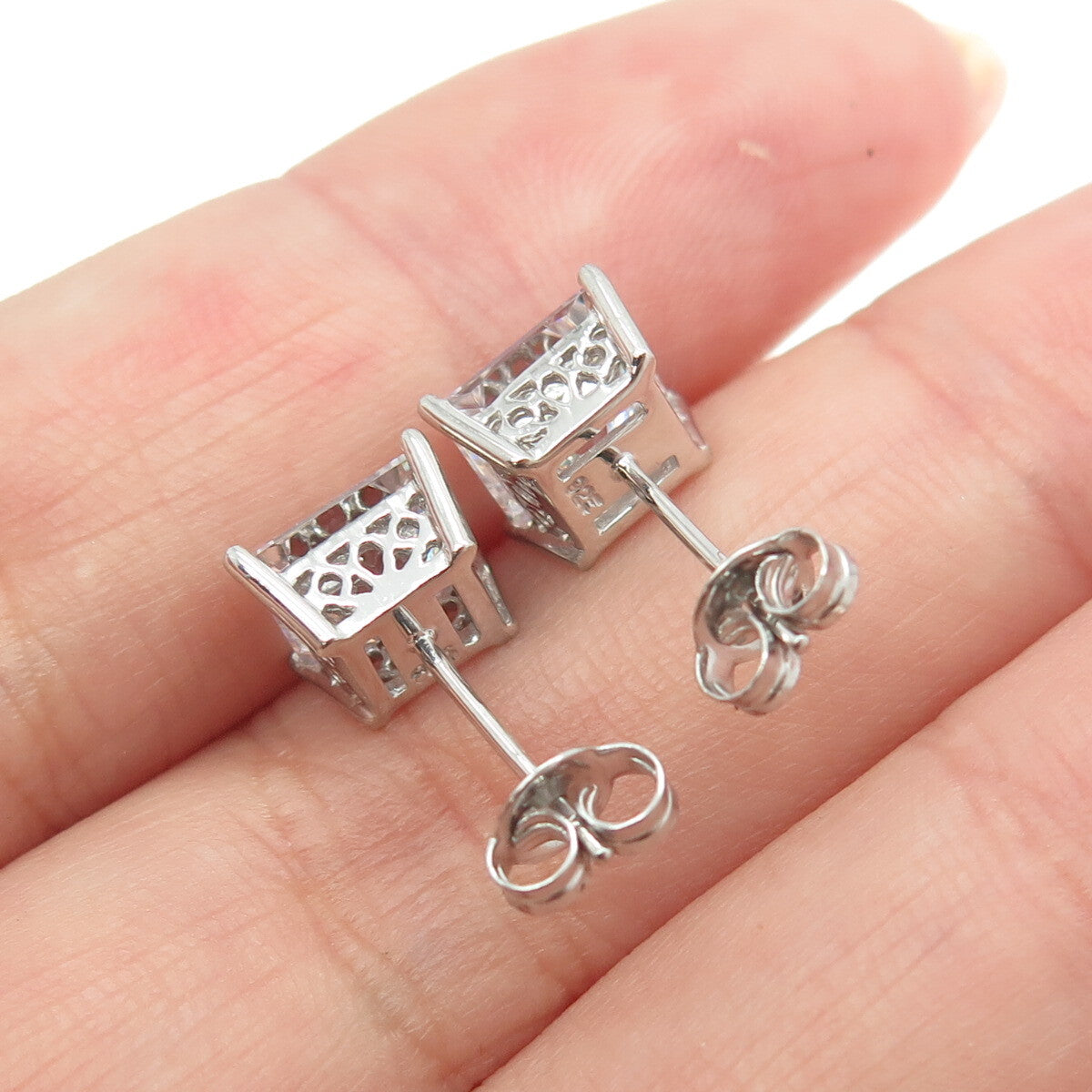 925 Sterling Silver Princess-Cut C Z Stud Earrings