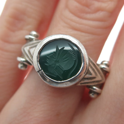 SMS CREATIONS 925 Sterling Vintage Real Carved Green Onyx Soldier Ring Size 6.75
