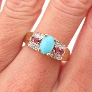 Chuck Clemency 925 Sterling Silver Gold Plated Real Turquoise & Ruby Ring Size 7