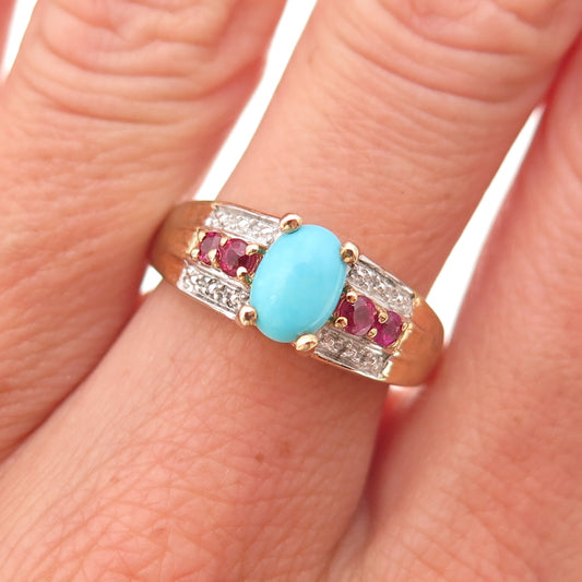 Chuck Clemency 925 Sterling Silver Gold Plated Real Turquoise & Ruby Ring Size 7