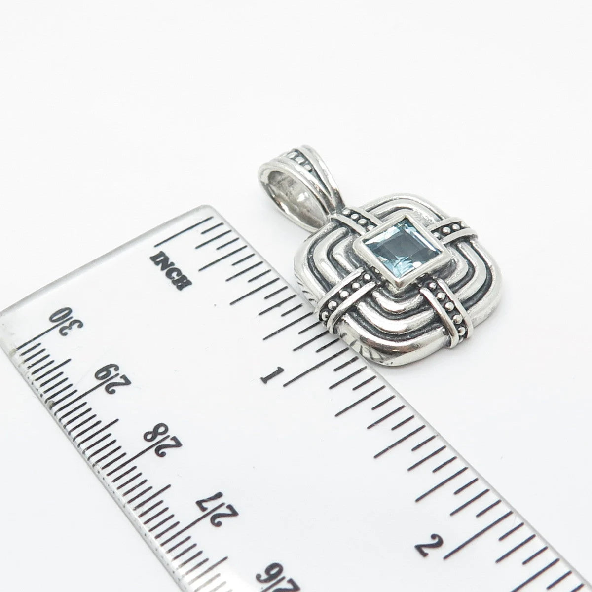 925 Sterling Silver Vintage Real Blue Topaz Gem Beaded Square Pendant