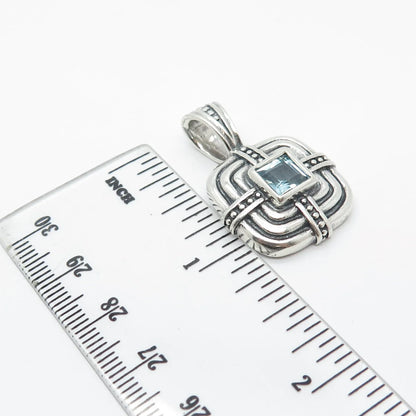 925 Sterling Silver Vintage Real Blue Topaz Gem Beaded Square Pendant