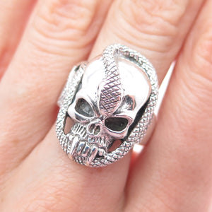 925 Sterling Silver Vintage Skull & Snake Oxidized Biker Ring Size 8.75