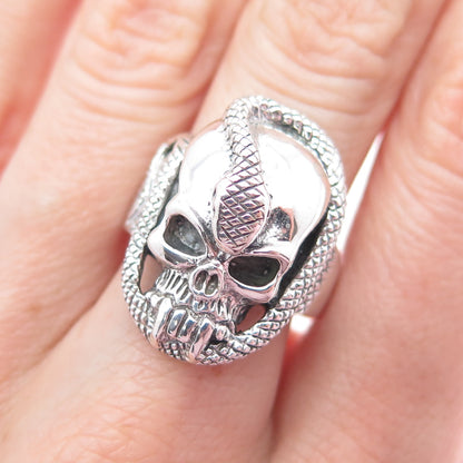 925 Sterling Silver Vintage Skull & Snake Oxidized Biker Ring Size 8.75