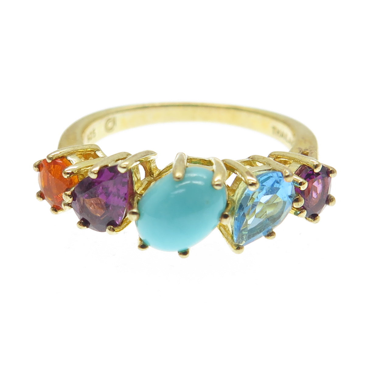 925 Sterling Silver Gold Plated Real Turquoise Topaz Amethyst & Opal Ring Size 7