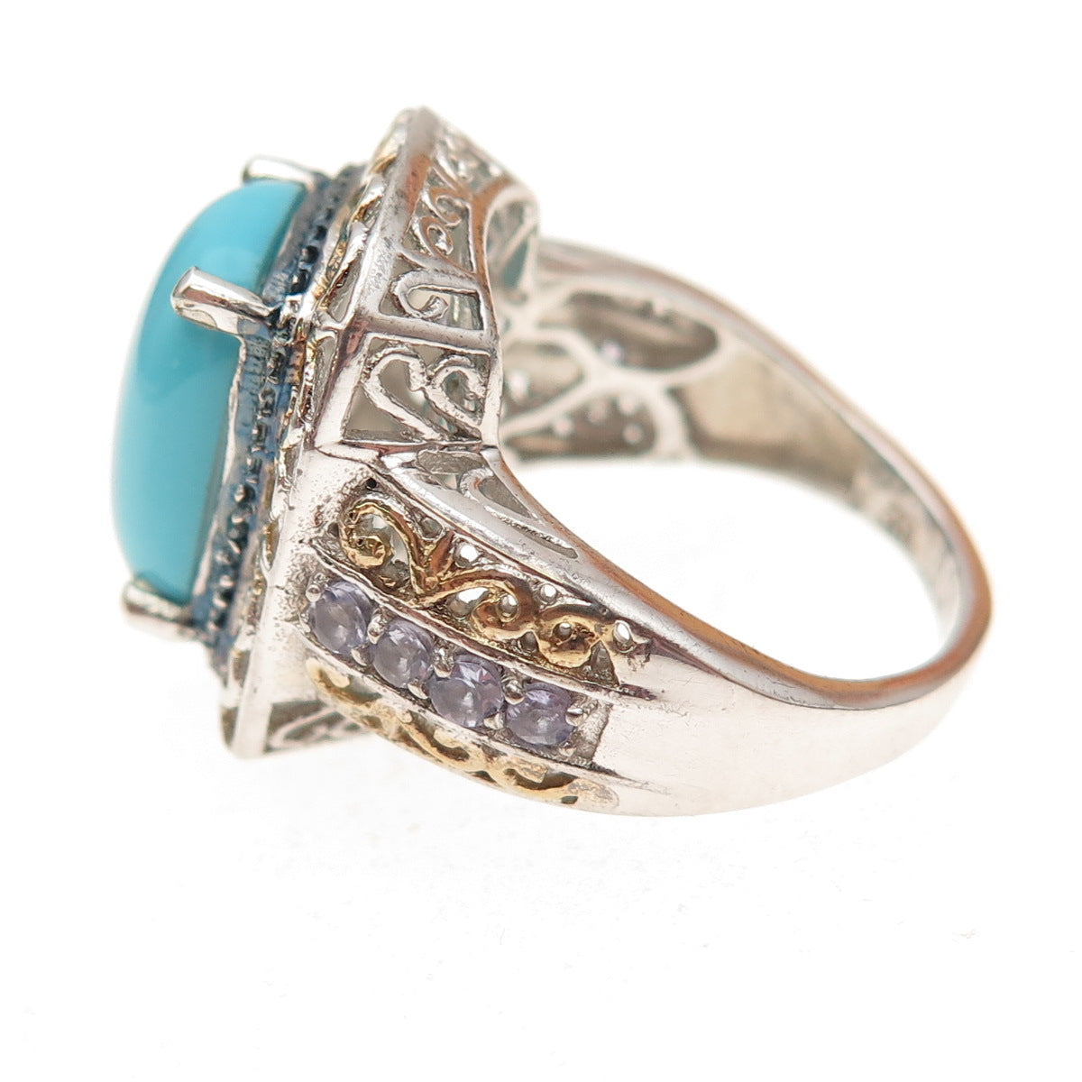 Chuck Clemency Sterling 2-Tone Real Diamond Turquoise & Tanzanite Ring Size 8.25