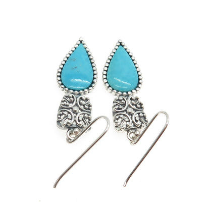 925 Sterling Silver Vintage Real Pear-Cut Turquoise Floral Ornate Earrings