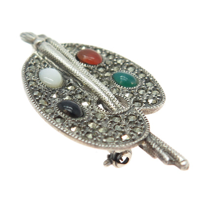 925 Sterling Silver Vintage MOP Black Onyx Carnelian Tourmaline Gem Pin Brooch