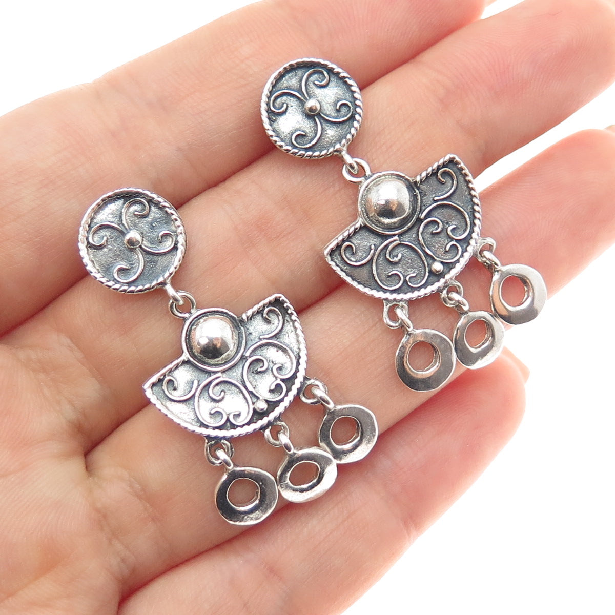 925 Sterling Silver Vintage Modernist Swirl Oxidized Dangle Earrings