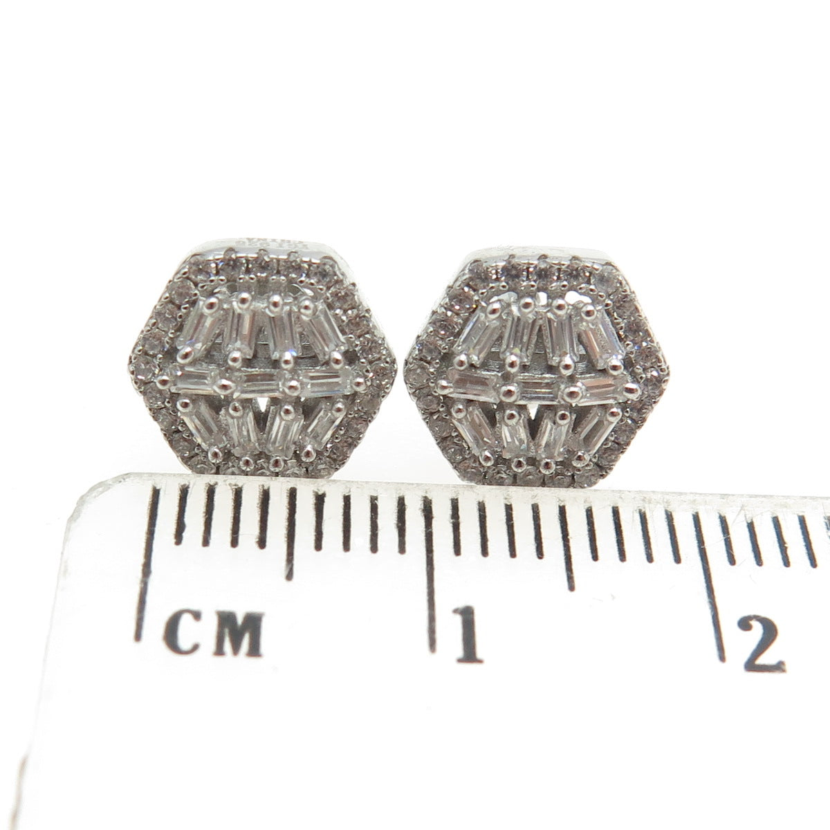 925 Sterling Silver Round & Baguette-Cut C Z Hexagon Stud Earrings