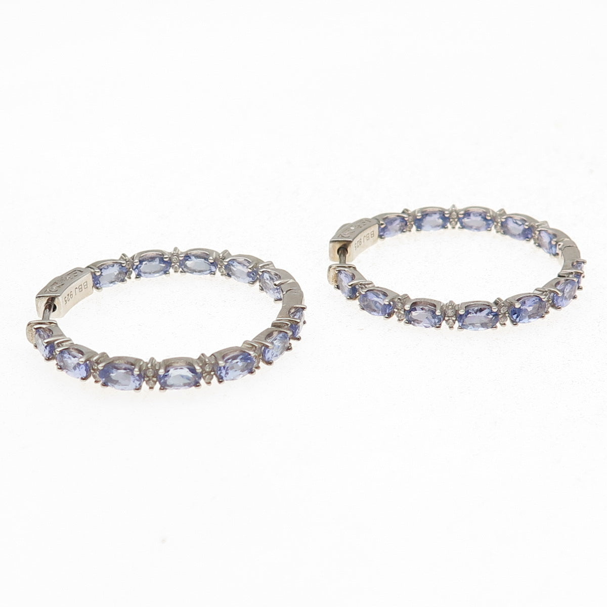 925 Sterling Silver Real Tanzanite White Topaz In & Out Hoop Earrings
