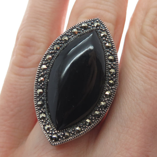 925 Sterling Silver Vintage Real Black Onyx & Marcasite Oxidized Ring Size 8