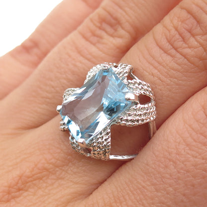 MEI 925 Sterling Silver Vintage Real Radiant-Cut Blue Topaz Ring Size 7
