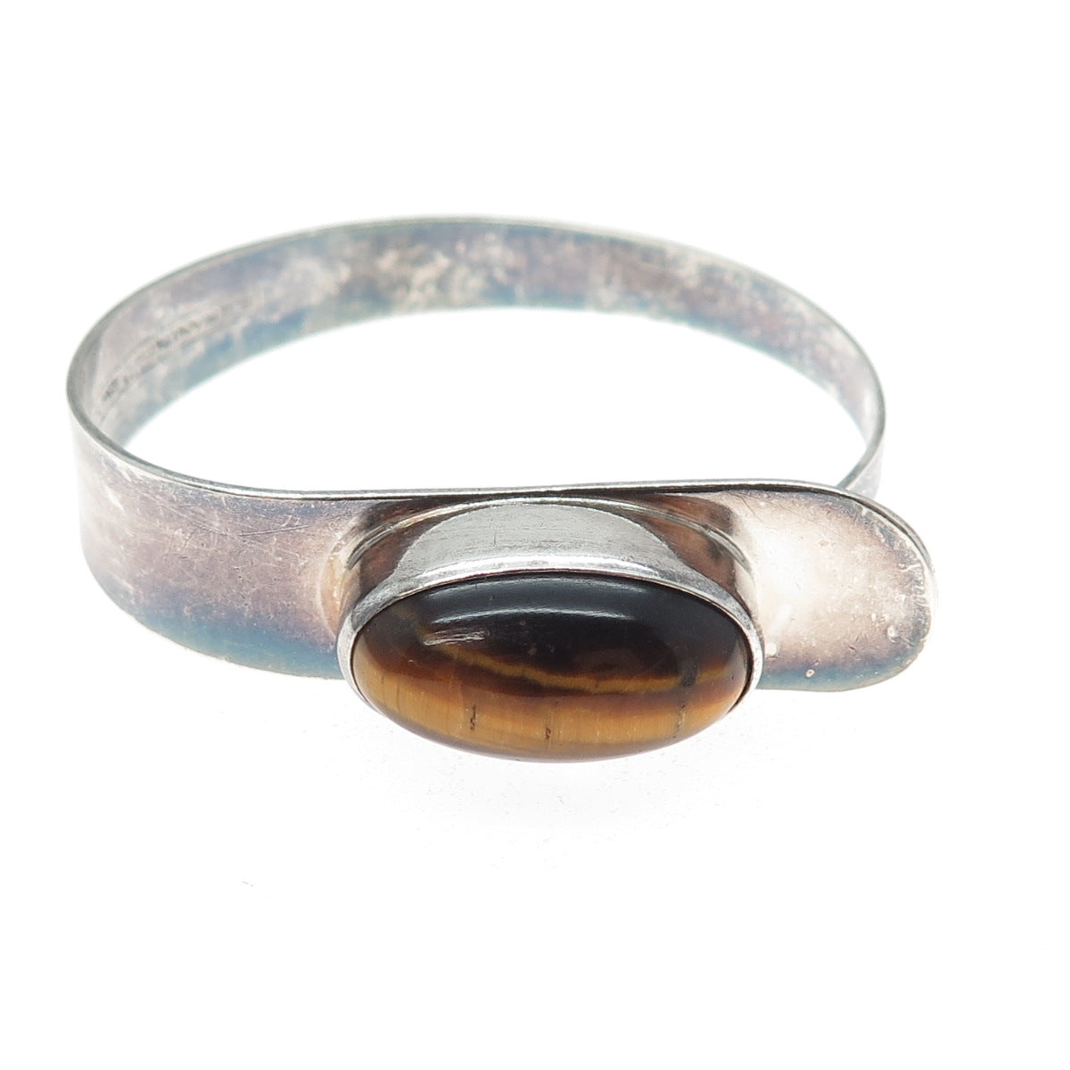 ERIK GRANIT 925H Sterling Vintage 1972 Finland Tiger Eye Bangle Bracelet 6.5"