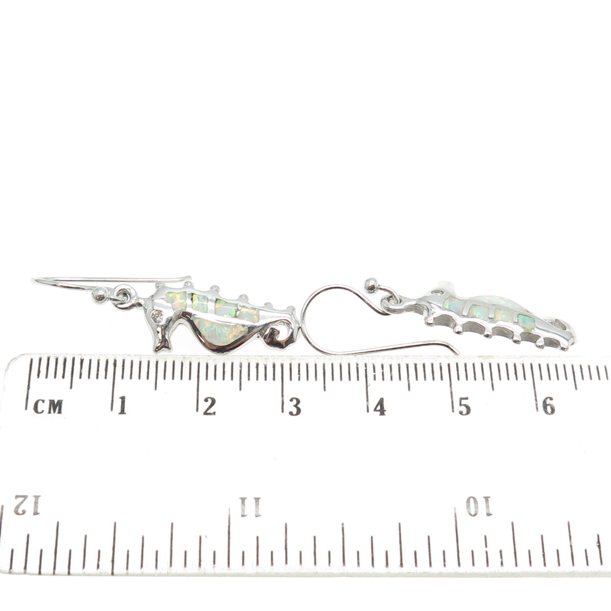 925 Sterling Silver Real Opal & C Z Seahorse Dangling Earrings