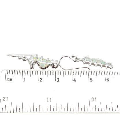 925 Sterling Silver Real Opal & C Z Seahorse Dangling Earrings