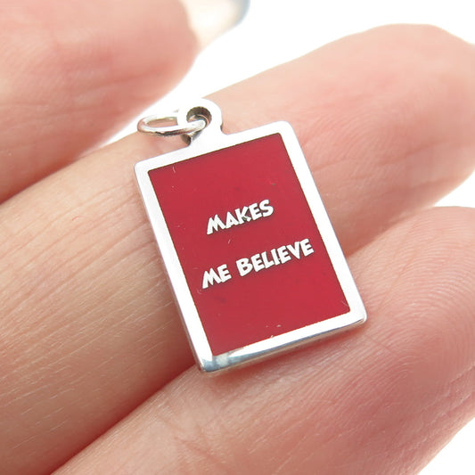 925 Sterling Silver Red Enamel "Makes Me Believe" Minimalist Charm Pendant