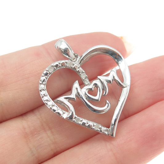 925 Sterling Silver Real Round-Cut Diamond "Mom" Heart Pendant