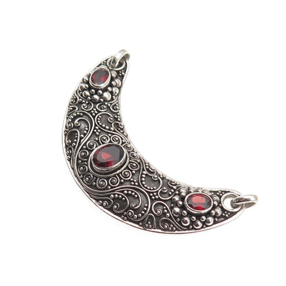 SUARTI BALI 925 Sterling Vintage Real Red Garnet Crescent Centerpiece Pendant