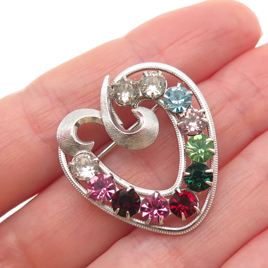 Curtis Curtman Sterling Silver Vintage Multi-Color Rhinestone Heart Pin Brooch
