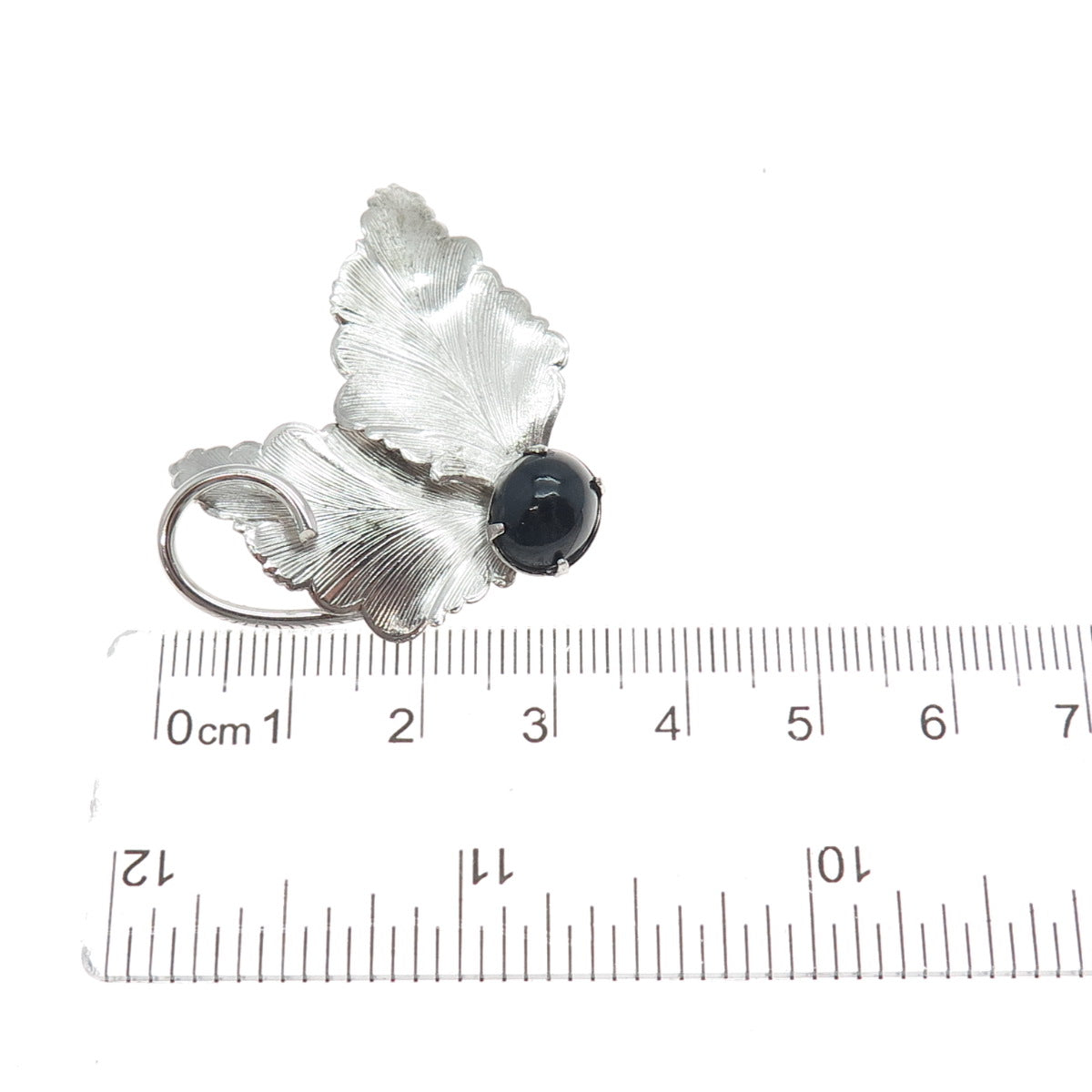925 Sterling Silver Antique Art Deco Real Black Onyx Floral Leaf Pin Brooch
