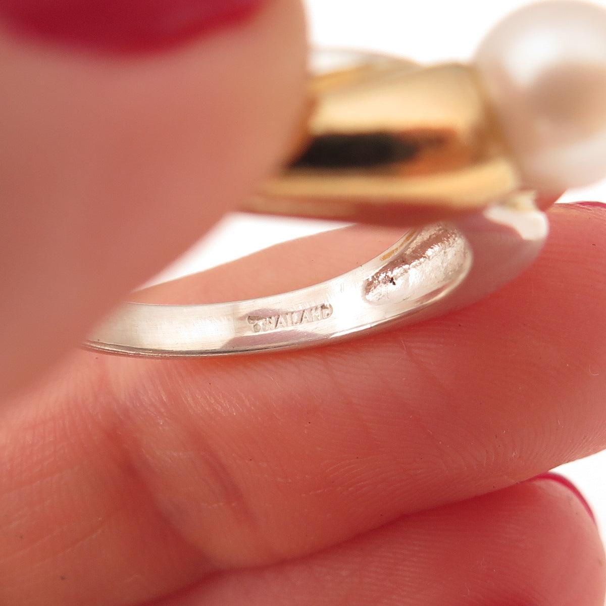 CNA Pranda 925 Sterling Silver 2-Tone Vintage Real Pearl Ring Size 7.75
