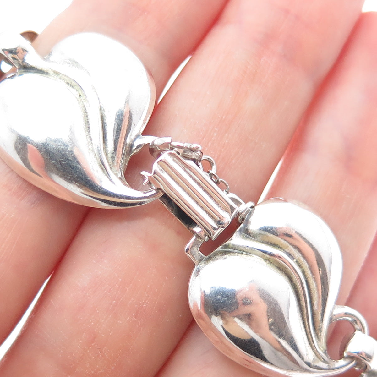 925 Sterling Silver Antique Art Deco Floral Heart Leaf Link Bracelet 6.75"