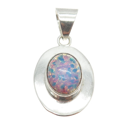 925 Sterling Silver Vintage Mexico Roman Glass Oval Pendant