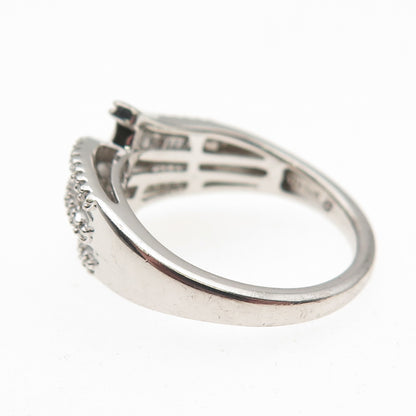 Sun 925 Sterling Silver Real Round & Emerald-Cut Diamond Bypass Ring Size 8