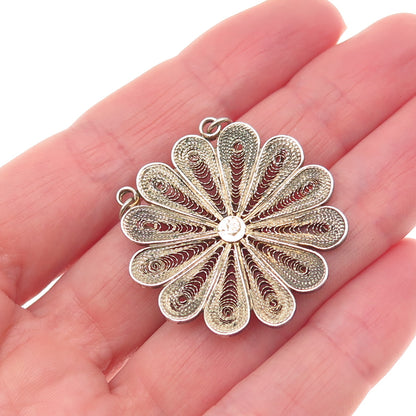 925 Sterling Gold Plated Vintage Real Garnet Filigree Flower Centerpiece Pendant