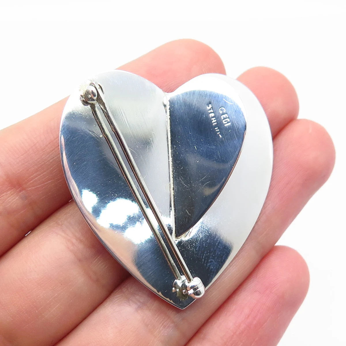 925 Sterling Silver Vintage EDI Striped Heart Pin Brooch