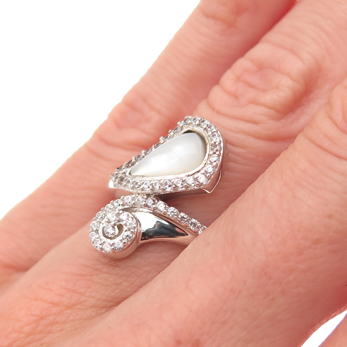 925 Sterling Silver Real MOP & C Z Spiral Bypass Ring Size 6